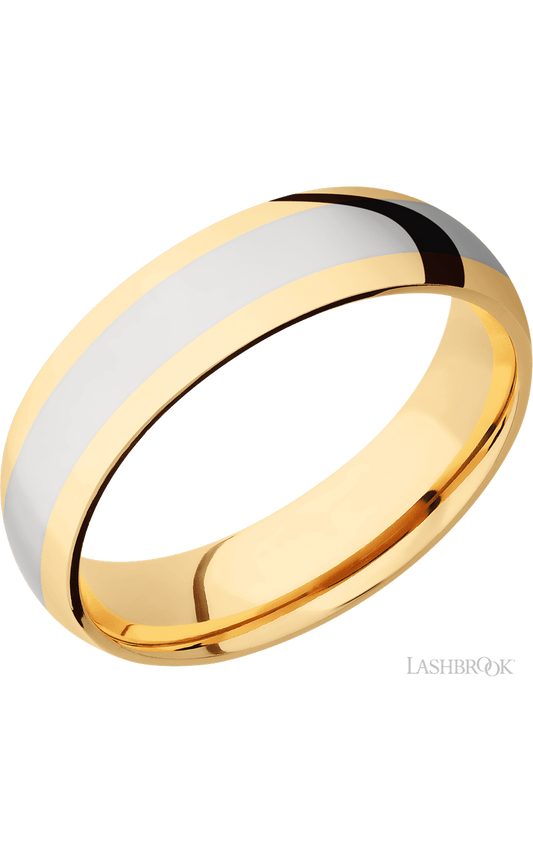 6 mm wide/Domed/14K Yellow Gold band with one 3 mm Centered inlay of 14K White Gold.