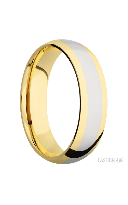 6 mm wide/Domed/14K Yellow Gold band with one 3 mm Centered inlay of 14K White Gold.