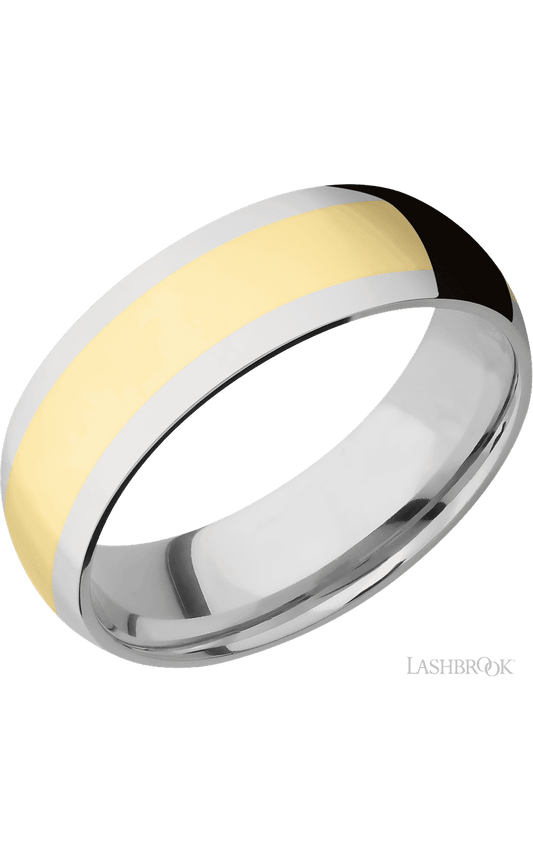 7 mm wide/Domed/14K White Gold band with one 4 mm Centered inlay of 14K Yellow Gold.