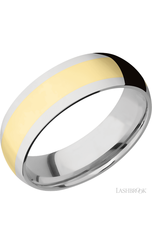 7 mm wide/Domed/14K White Gold band with one 4 mm Centered inlay of 14K Yellow Gold.