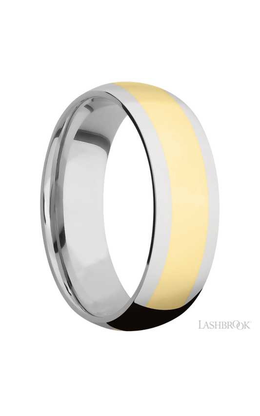 7 mm wide/Domed/14K White Gold band with one 4 mm Centered inlay of 14K Yellow Gold.