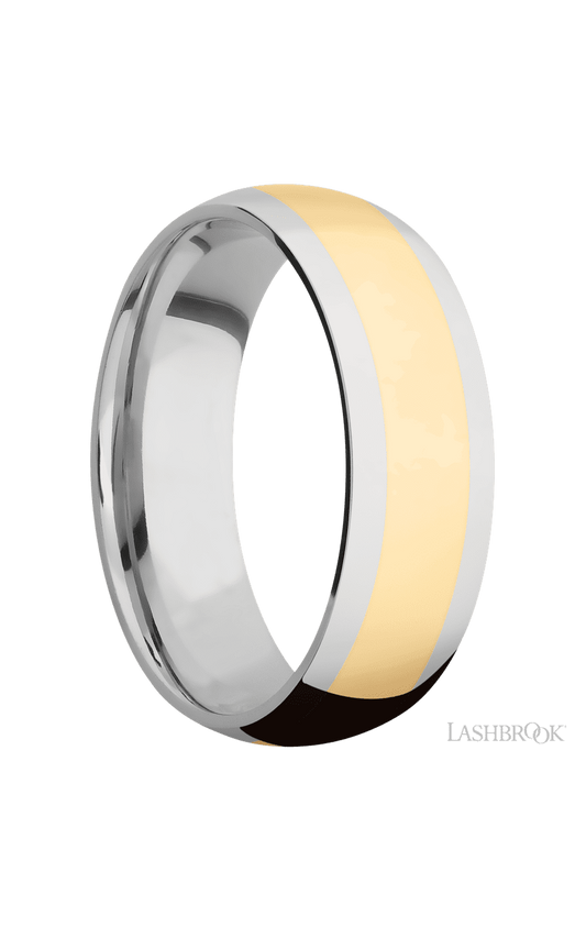 7 mm wide/Domed/14K White Gold band with one 4 mm Centered inlay of 14K Yellow Gold.