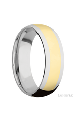 7 mm wide/Domed/14K White Gold band with one 4 mm Centered inlay of 14K Yellow Gold.