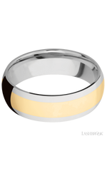 7 mm wide/Domed/14K White Gold band with one 4 mm Centered inlay of 14K Yellow Gold.