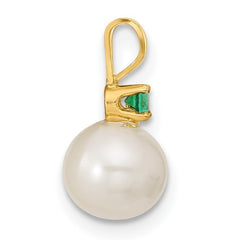 Quality Gold 14k 7-8mm White FW Cultured Pearl & Emerald Stud Earrings & Pendant XF303SET