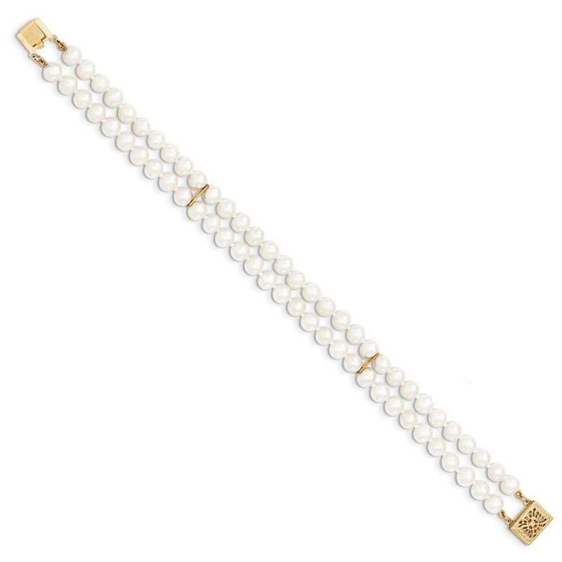 Quality Gold 14k 5-6mm White Near Round FW Cultured Pearl 2-strand Bracelet PR13-7.5