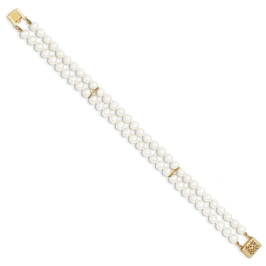 Quality Gold 14k 5-6mm White Near Round FW Cultured Pearl 2-strand Bracelet PR13-7.5