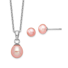 Quality Gold Sterling Silver Rhodium-plated Pink FWC Pearl Necklace/Earrings Set QG5657SET