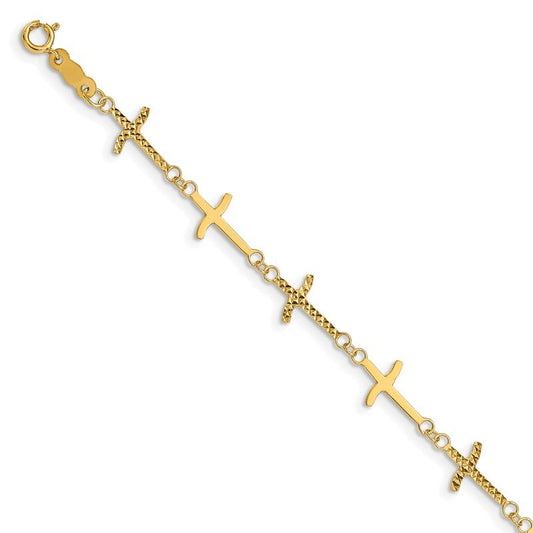 Quality Gold 14k Polished Diamond-cut Crosses w/1in. Ext. Bracelet FB1498-7