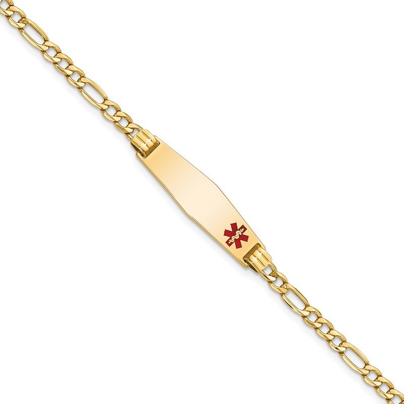 Quality Gold 14K Medical Semi-Solid Soft Diamond Shape Red Enamel Figaro ID Bracelet XM556FC