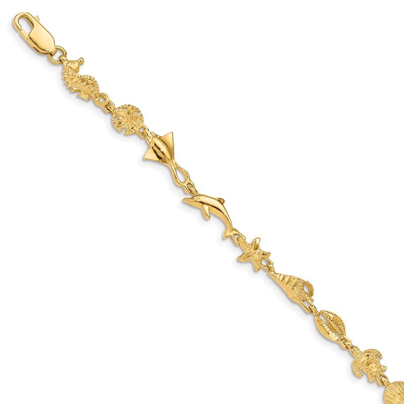 Quality Gold 14k Polished and Textured Ocean Motif 7 inch Bracelet FB1494-7