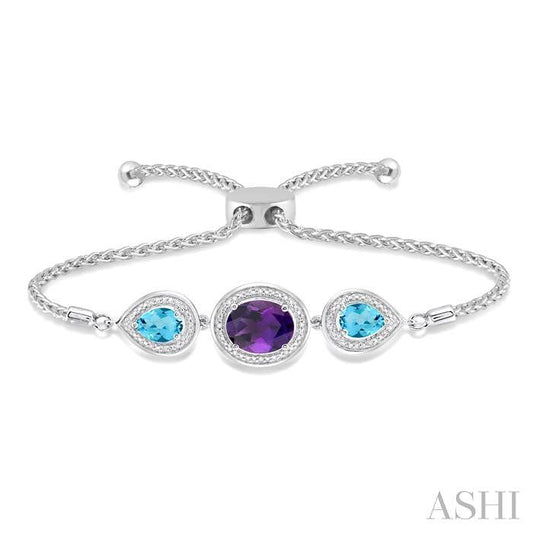 ASHI Silver Oval & Pear Shape Gemstone & Halo Diamond Lariat Bracelet 81129PPSSAMBTSLTB
