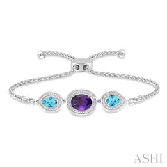 ASHI Silver Oval & Pear Shape Gemstone & Halo Diamond Lariat Bracelet 81129PPSSAMBTSLTB