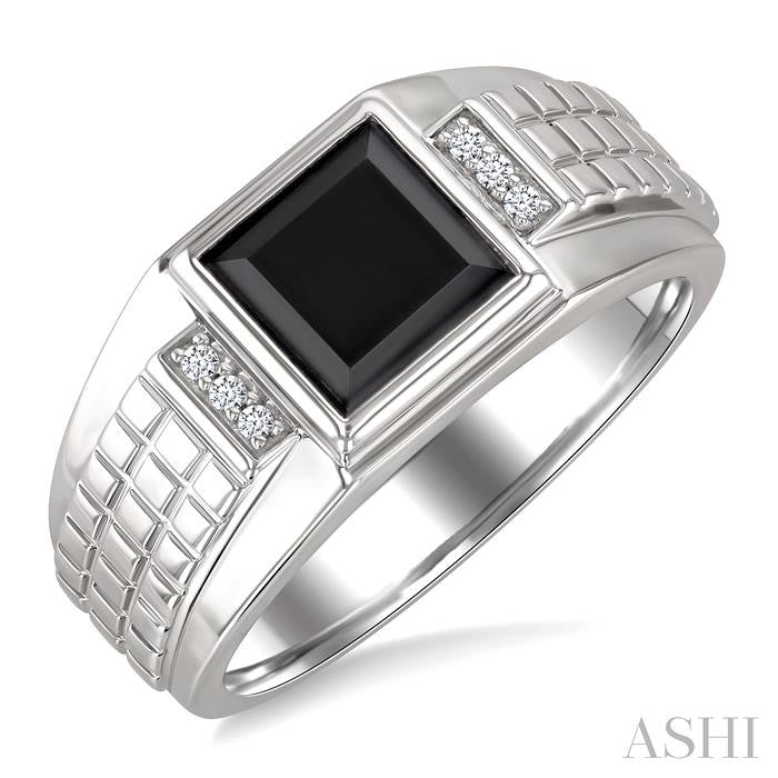 ASHI Silver Princess Shape Men's Onyx Diamond Ring 880B9PPSSOXSLRG