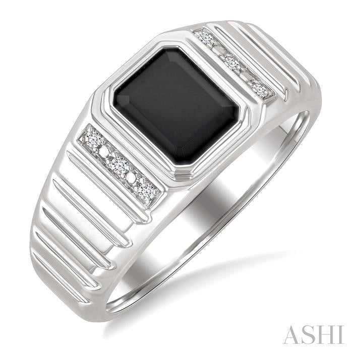 ASHI Silver Emerald Shape Men's Onyx Diamond Ring 882B9PPSSOXSLRG