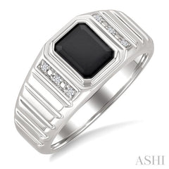 ASHI Silver Emerald Shape Men's Onyx Diamond Ring 882B9PPSSOXSLRG