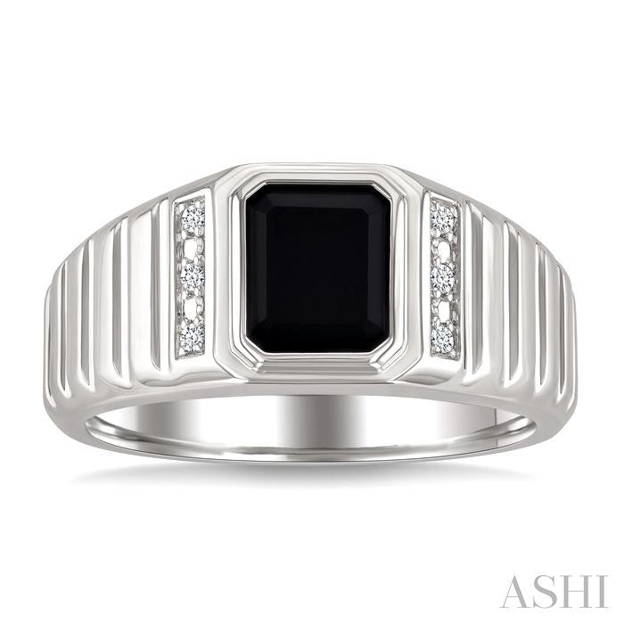 ASHI Silver Emerald Shape Men's Onyx Diamond Ring 882B9PPSSOXSLRG