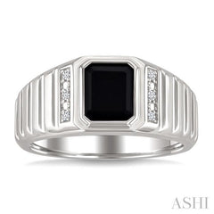 ASHI Silver Emerald Shape Men's Onyx Diamond Ring 882B9PPSSOXSLRG