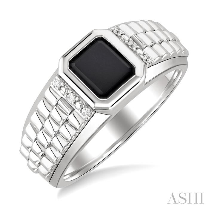 ASHI Silver Emerald Shape Men's Onyx Diamond Ring 884B9PPSSOXSLRG