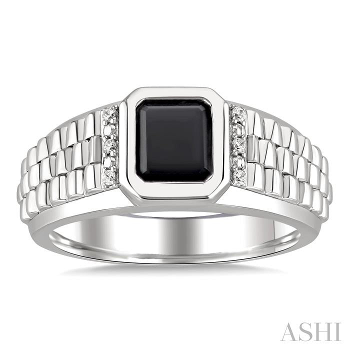 ASHI Silver Emerald Shape Men's Onyx Diamond Ring 884B9PPSSOXSLRG