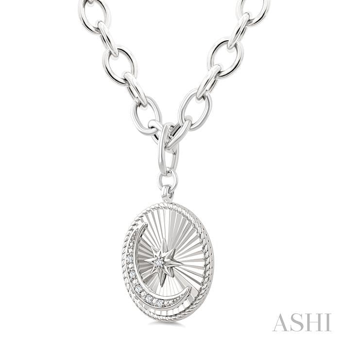 ASHI Silver Circle Moon & Star Fluted Medallion Diamond Pendant 89869PPSSSLPD