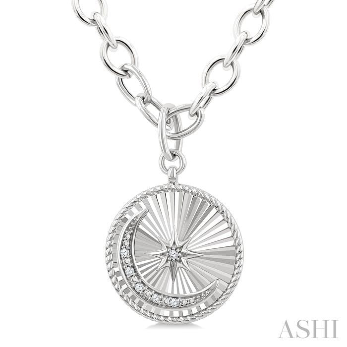 ASHI Silver Circle Moon & Star Fluted Medallion Diamond Pendant 89869PPSSSLPD