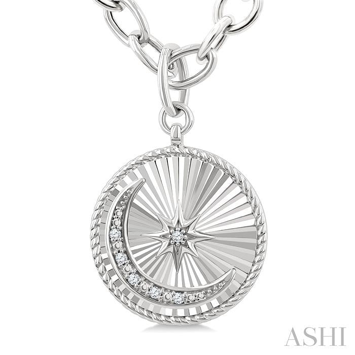ASHI Silver Circle Moon & Star Fluted Medallion Diamond Pendant 89869PPSSSLPD
