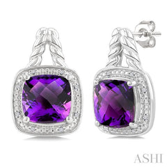 ASHI Silver Cushion Shape Gemstone & Diamond Earrings 899A9PPSSAMSLER-CU