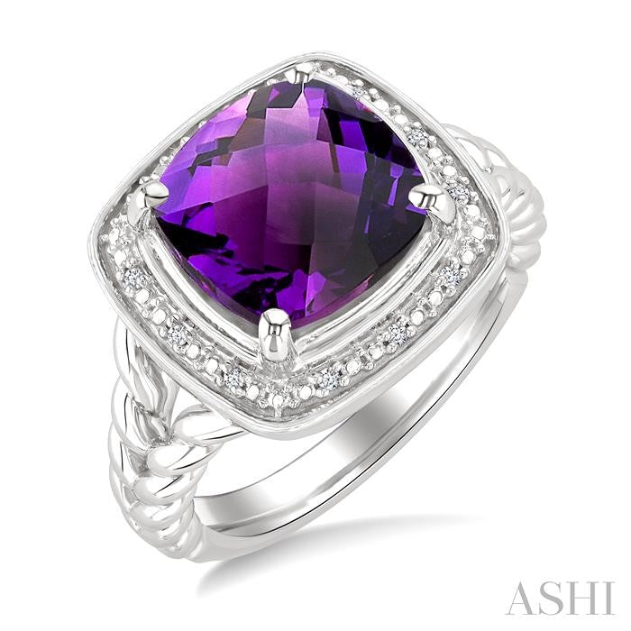 ASHI Silver Cushion Shape Gemstone & Diamond Ring 899A9PPSSAMSLRG-CU