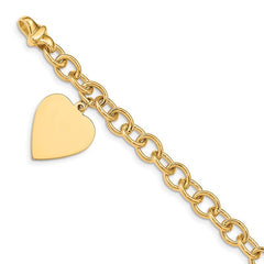 Quality Gold 14k 8.5in Polished Engraveable Link with Heart Charm Bracelet LK313