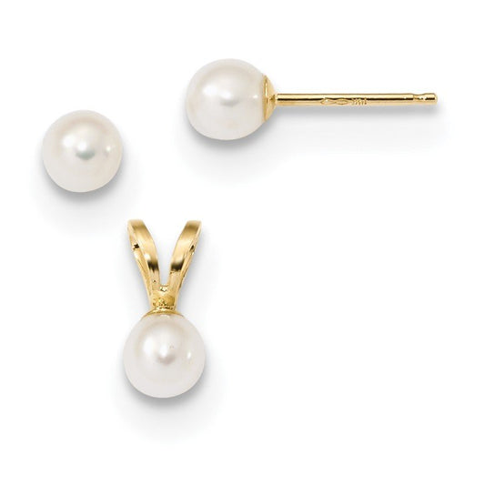 Quality Gold 14k Children's 4-5mm White FWC Pearl Pendant and Earring Set XF631SET