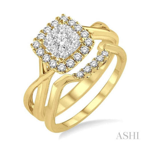 ASHI Cushion Shape Halo Lovebright Diamond Wedding Set 13023PPFHYW-WS