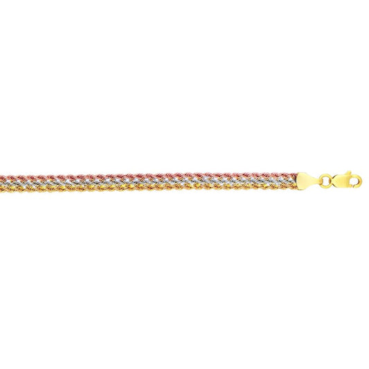 Royal Chain 10K 7.5in Tri-color Gold Diamond Cut/ Textured Bracelet with Lobster Clasp 012TCHTR