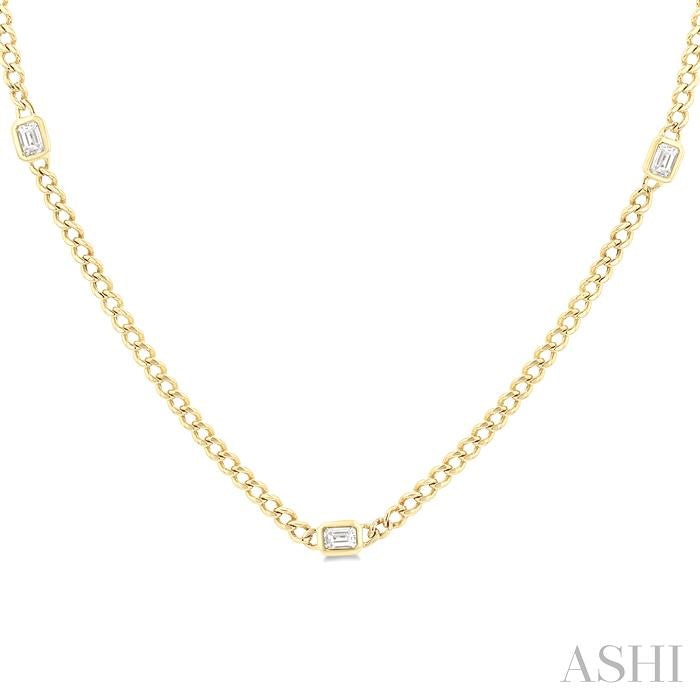 ASHI Emerald Shape Bezel Curb & Cuban Station Diamond Necklace 969YHPPFGNKYG-OC