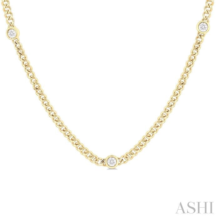 ASHI Round Shape Bezel Curb & Cuban Station Diamond Necklace 969YHPPFGNKYG-RD