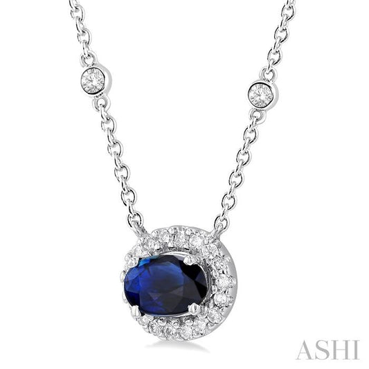 ASHI Oval Shape East-West Halo Gemstone & Diamond Necklace 99510PPFGNKSPWG
