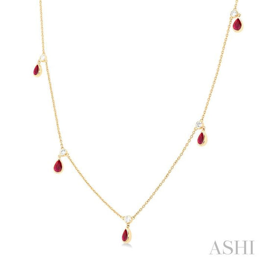 ASHI Pear Shape Gemstone & Diamond Station Necklace 9954QPPFGNKRBYG-PR