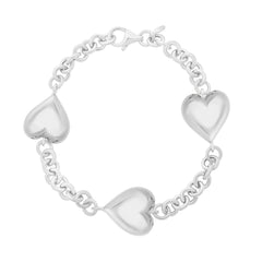 White Sterling Silver Polished Puffed Hearts Bracelet