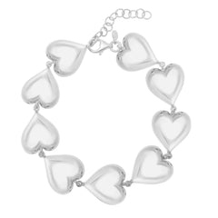 White Sterling Silver Polished Puffed Hearts Bracelet