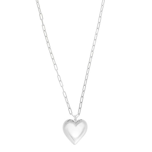White Sterling Silver Polished Puffed Hearts Necklace