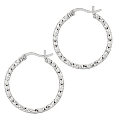 White Sterling Silver Diamond Cut/ Textured Diamond Cut Hoop Earring
