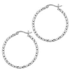 White Sterling Silver Diamond Cut/ Textured Diamond Cut Hoop Earring