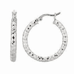 White Sterling Silver Diamond Cut/ Textured Diamond Cut Hoop Earring