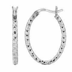 White Sterling Silver Diamond Cut/ Textured Diamond Cut Hoop Earring