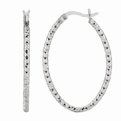 White Sterling Silver Diamond Cut/ Textured Diamond Cut Hoop Earring