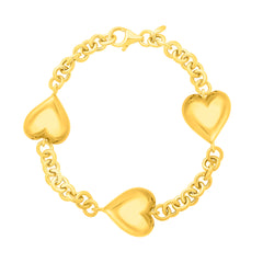 Yellow Sterling Silver Polished Puffed Hearts Bracelet