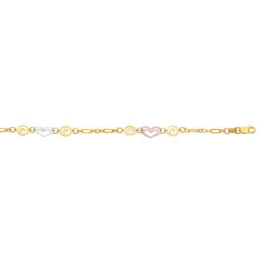 Parkplace Jewelers 14k-tri-color-gold-heart-and-swirl-anklet-ank140