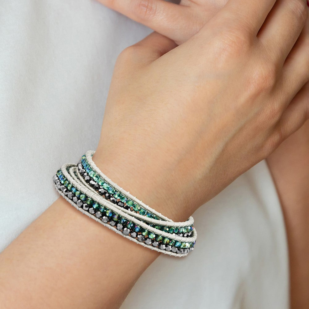 Green Aurora Borealis/Grey Crystal Bead Leather Multi-wrap Bracelet BF1625