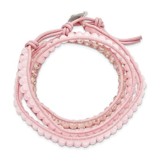 Pink Leather Rose Quartz Beaded Multi Wrap Brass Button Bracelet BF2092