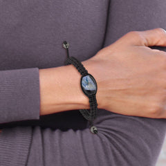 13x19mm Blue Crystal Agate w/ Hematite Beads Black Cord Bracelet BF2116